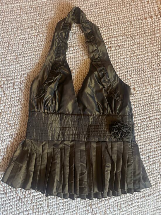 Bebe Tops - Bebe Y2K Halter Top Shiny Olive Satin Pleated Peplum Rosette Ruffle Coquette S